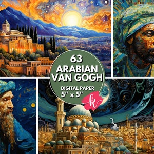 Arabische Van Gogh Malerei Aquarell digitales Papier, digitale Kunst, Mond Clipart, Nachtpapier, Sternennacht, digitales Papier, kostenlose kommerzielle Nutzung