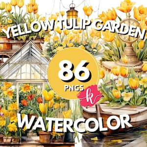 Gele Tulp Tuin Aquarel Clipart, Floral Clipart, Tuinieren Clipart, Bloementuin, Tulpenbloem, Instant Download, Voor Commercieel Gebruik