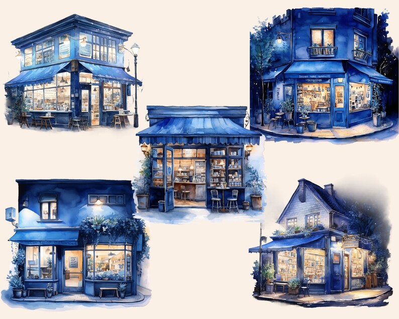 Blue Coffee Shop Watercolor Clipart, Cafe Clip Art, Digital Art ...