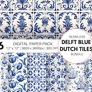 Delft azul holandés azulejos patrón sin costuras, papel digital, papel digital holandés, azulejos de porcelana, patrón azul, descarga instantánea, uso comercial