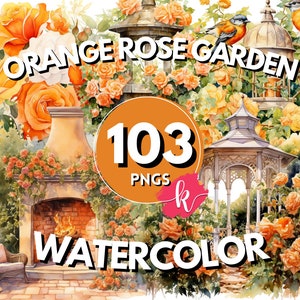 Orange Rose Garden aquarel clipart, Orange Rose Garden PNG, Orange Garden clipart, Orange Rose PNG, Instant Download, gratis commercieel gebruik