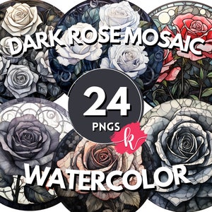 Dark Rose Mosaic Clipart, Watercolor Mosaic Rose Clipart,Digital Download, Scrapbooking Bundle, Printable Art, Floral Clipart, Rose Wall Art