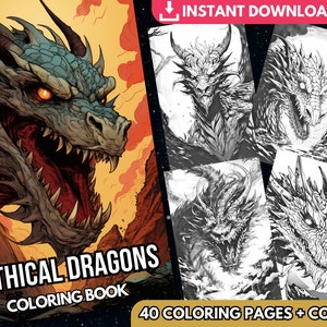 Mythical Dragon Fantasy Coloring Page Book, Adults Kids, Instant Download, Grayscale Coloring, Printable PDF, Dragons Coloring, Dragon Scale