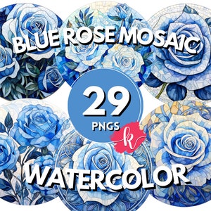 Blue Rose Mosaic Clipart, Watercolor Mosaic Rose Clipart,Digital Download, Scrapbooking Bundle, Printable Art, Floral Clipart, Rose Wall Art