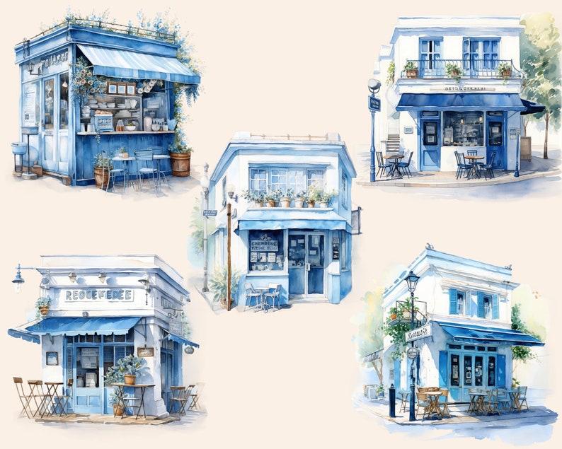 Blue Coffee Shop Watercolor Clipart, Cafe Clip Art, Digital Art ...