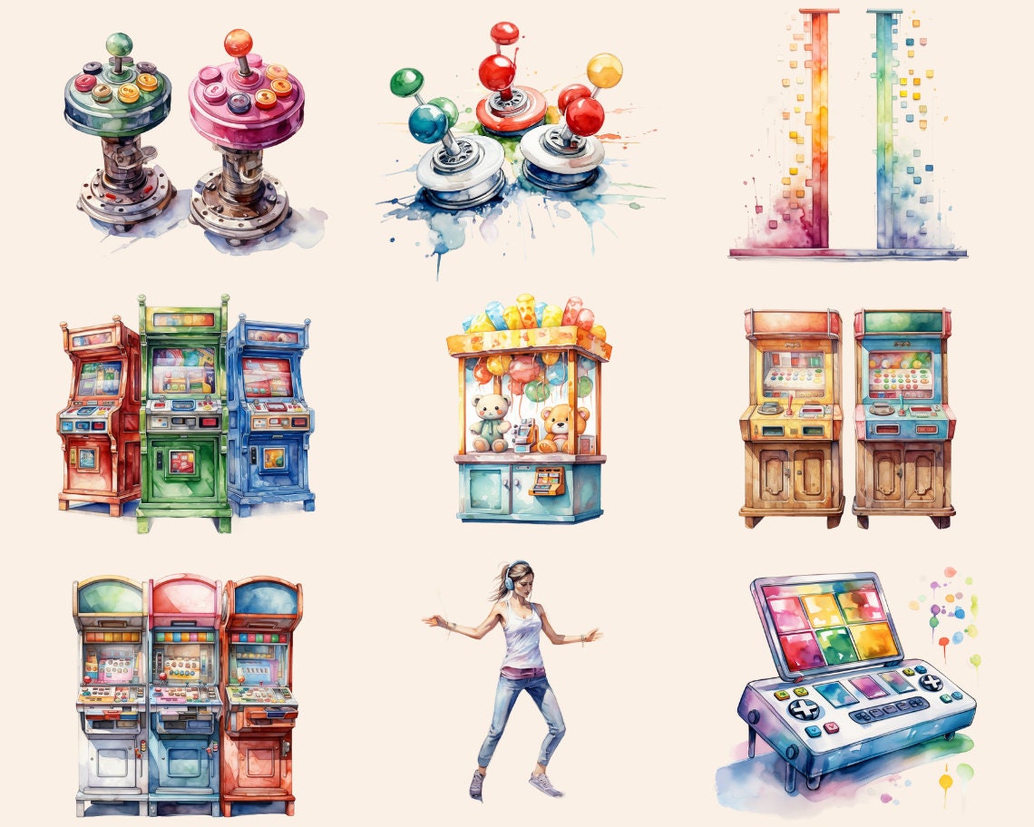 Arcade Game Watercolor Clipart Bundle Retro Arcade Machine - Etsy