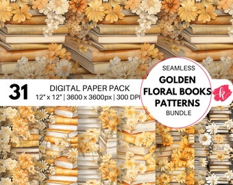 Golden Floral Books Digital Paper, Seamless Pattern, Flower Books, Retro Digital Paper, Library, Watercolor Digital Paper, Commercial Use