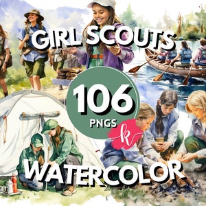 Girl Scout aquarel clipart, Girl Scout clip art PNG graphics, camping clipart, avontuur clipart, Instant Download, gratis commercieel gebruik
