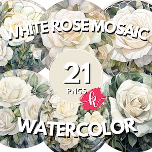 White Rose Mosaic Clipart, Watercolor Mosaic Rose Clipart, Digital Download, Scrapbooking Bundle, Printable Art, Floral Clipart, Wall Art