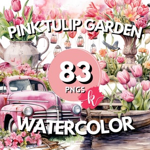 Jardín de acuarela de tulipanes rosados, imágenes prediseñadas florales, jardín de flores, tulipán holandés, imágenes prediseñadas de jardinería, descarga instantánea, arte digital, uso comercial