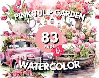 Pink Tulips Watercolor Garden, Floral Clipart, Flower Garden, Dutch Tulip, Gardening Clipart, Instant Download, Digital art, Commercial Use