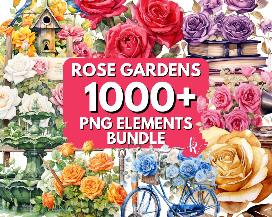 Watercolor Rose Garden Clipart, Mega Bundle 1000 Rose Gardens PNG