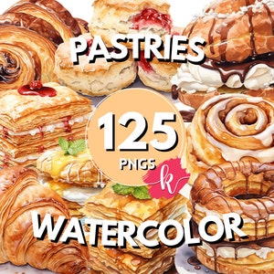 Gebäck Aquarell Clipart, Bäckerei Clipart, französisches Gebäck, süße Leckerei Grafiken, Mille-Feuille, Eclair, Croissant, Obsttörtchen, Cremecaramel