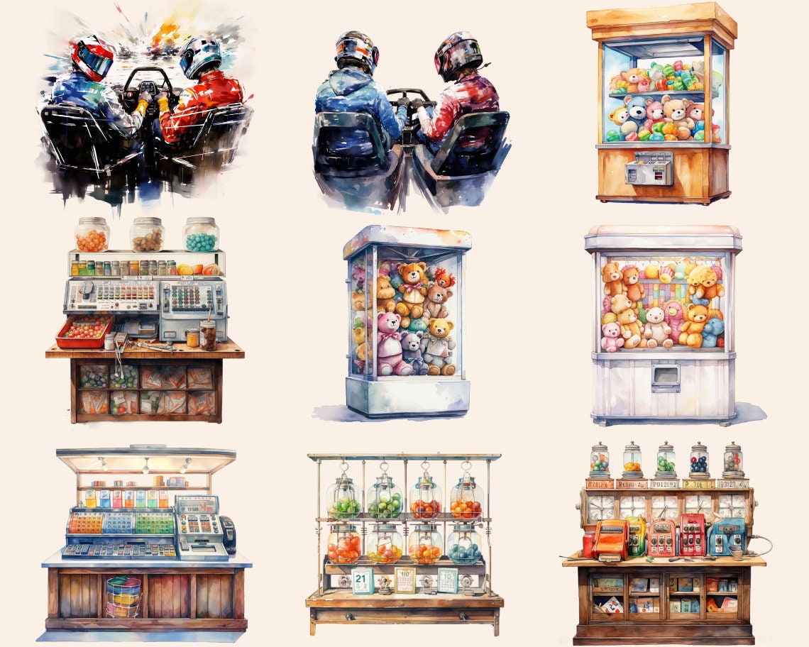 Arcade Game Watercolor Clipart Bundle, Retro Arcade Machine, Gaming ...