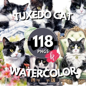 Smoking Katze Aquarell Clipart Bundle, Katze Bilder, schwarz weiße Kätzchen Grafiken, sofortiger digitaler Download, kostenlose kommerzielle Nutzung, Haustier PNG