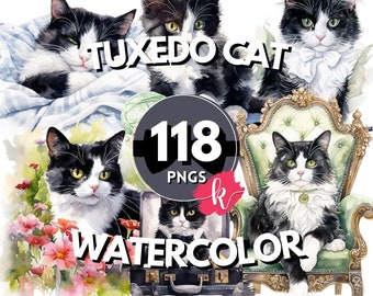 Tuxedo Cat Watercolor Clipart Bundle, Cat Images, Black and White Kitten Graphics, Instant Digital Download, Free Commercial Use, Pet PNG