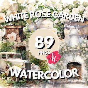White Rose Garden Aquarelle Clipart, Jardinage Clipart, Floral Garden Clipart, Flower Clipart, Téléchargement instantané, Utilisation commerciale gratuite
