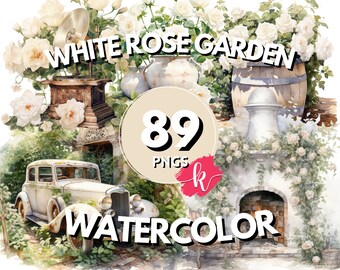 White Rose Garden Watercolor Clipart, Gardening Clipart, Floral Garden Clipart, Flower Clipart, Instant Download, Free Commercial Use