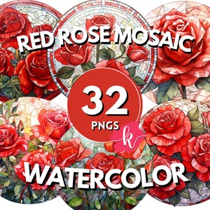 Red Rose Mosaic Clipart, Watercolor Mosaic Rose Clipart, Digital Download, Scrapbooking Bundle, Printable Art, Floral Clipart, Rose Wall Art