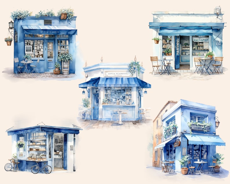 Blue Coffee Shop Watercolor Clipart, Cafe Clip Art, Digital Art ...