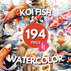 Koi Fisch Aquarell Clipart Bundle, japanische Fische Bilder, Korallen Blumenblüten Grafiken, sofortiger digitaler Download, kostenlose kommerzielle Nutzung