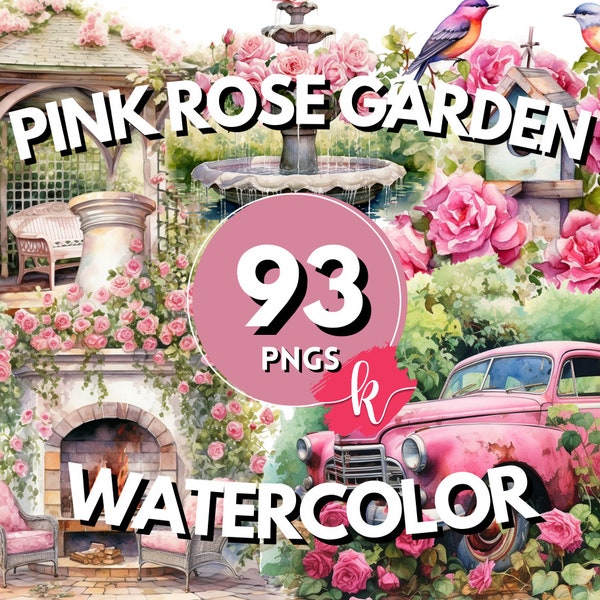 Pink Rose Garden Watercolor Clipart, Pink Rose Garden PNG, Pink Garden Clipart, Pink Rose PNG, Instant Download, Free Commercial Use