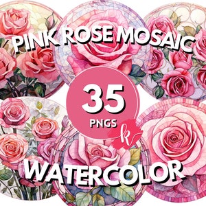 Pink Rose Mosaic Clipart, Watercolor Mosaic Rose Clipart,Digital Download, Scrapbooking Bundle, Printable Art, Floral Clipart, Rose Wall Art