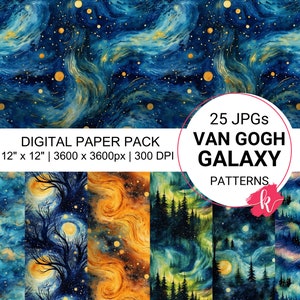 Aquarel Van Gogh Galaxy Star digitaal papier, naadloos patroon, hemelpatroon, maan clipart, nachtpapier, digitaal papier gratis commercieel gebruik
