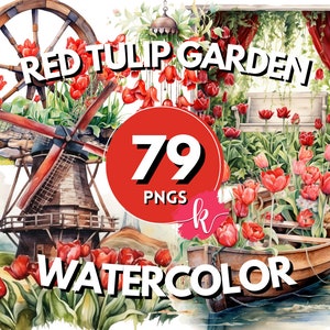 Rode Tulp Tuin Aquarel Clipart, Bloemen Clipart, Rode Tulp Tuin, Tulp Tuin Clipart, Bloementuin, Instant Download, Commercieel Gebruik