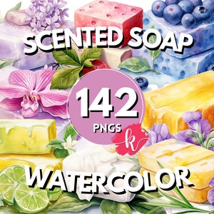 Pacchetto clipart acquerello sapone profumato, illustrazione di sapone naturale fatto a mano, attività di produzione di sapone, download digitale, uso commerciale gratuito