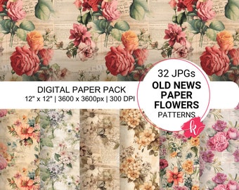 Old Newspaper Digital Paper, Seamless Pattern, Retro Digital Paper, Vintage Clipart, Old Photo Watercolor, Flower Clipart, Commercial Use