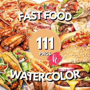 Fast Food Watercolor Clipart Bundle, Fast Food Clipart, Fast Food PNG, Food Clipart, Food Bundle Clipart, French Fries Clipart Hamburger PNG