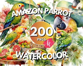 Amazon Parrots Watercolor Clipart Bundle, Tropical Birds Images,Summer Exotic Parrot Graphics,Animal Clipart,Instant Download,Commercial Use