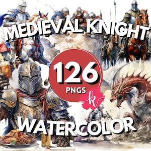 中世の騎士の水彩画のクリップアート、騎士のクリップアート、騎士道のクリップアート、ドラゴンの PNG、男の子のクリップアート、即時ダウンロード、無料の商用利用