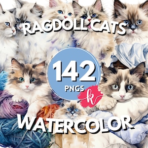 Pacchetto di clipart acquerello gatti Ragdoll, immagini di gatti carini, clipart animali, grafica felina gattino, download digitale istantaneo, per uso commerciale