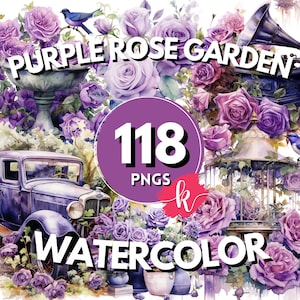 Lila Rose Garten Aquarell Clipart, Blumengarten, Blumen Clipart, Gartenarbeit Clipart, lila Rose, sofortiger Download, kostenlose kommerzielle Nutzung