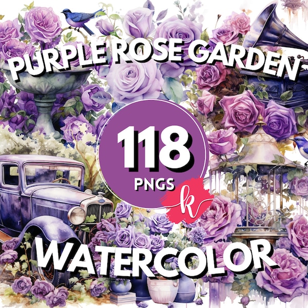 Purple Rose Garden Watercolor Clipart ,Flower Garden, Floral Clipart, Gardening Clipart, Purple Rose, Instant Download, Free Commercial Use
