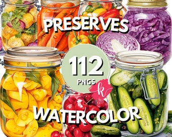 Preserves Watercolor Clipart, Fruit Clipart, Vegetables Graphics, Food Clipart, Jar of Pickles Clipart,Instant Download, Free Commercial Use