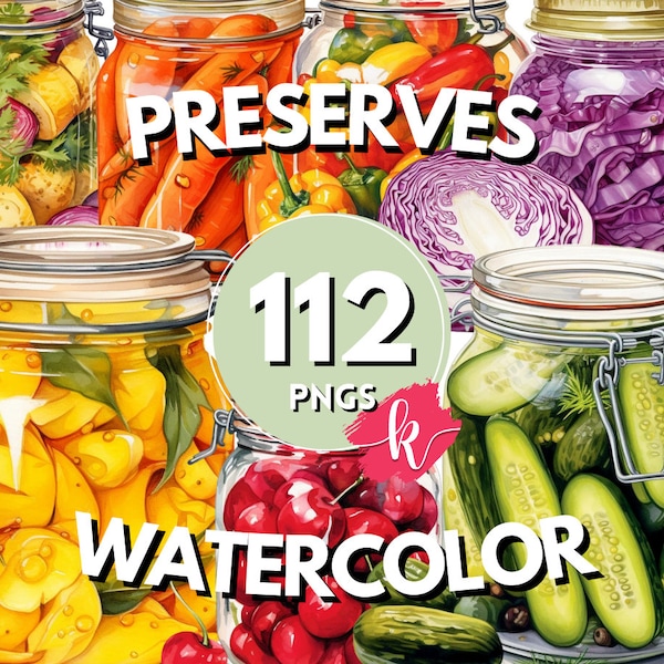 Preserves Watercolor Clipart, Fruit Clipart, Vegetables Graphics, Food Clipart, Jar of Pickles Clipart,Instant Download, Free Commercial Use