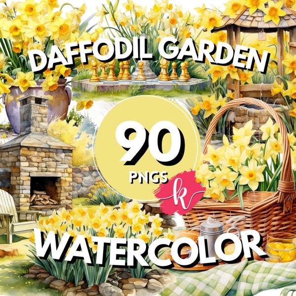 Daffodil Garden Watercolor Clipart, Gardening Clipart, Daffodil Flower, Flower Garden, Floral Clipart, Instant Download, Free Commercial Use