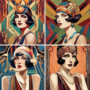May include: Four illustrations of women wearing flapper dresses and headbands. Each woman has a different hairstyle and is wearing a different color dress. The background is a geometric pattern.