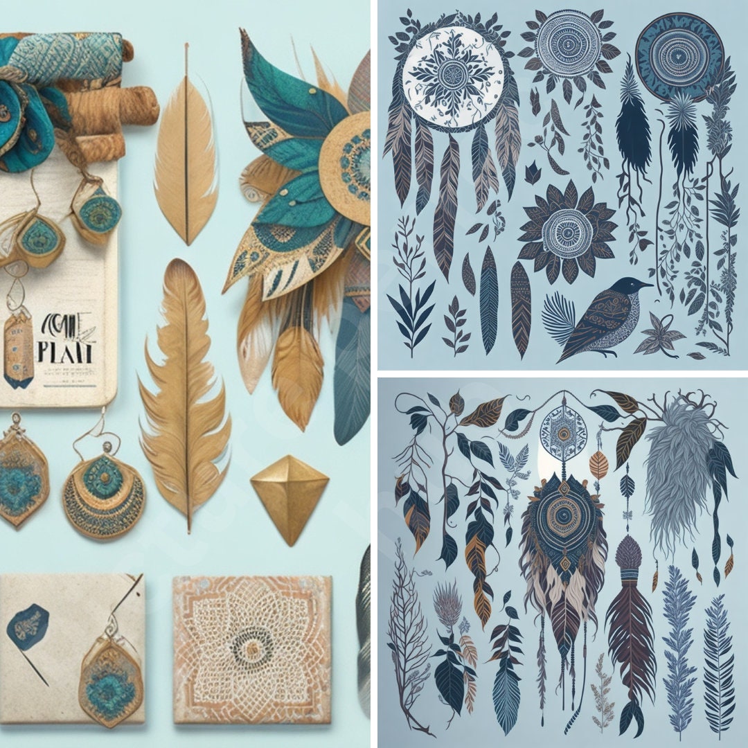 Boho Chic Inspired Digital Pattern Set - Feathers and Dreamcatchers - Etsy