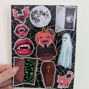 Adorable feuille d'autocollants pour Halloween | Petits et grands formats | stratifié | étanche | citrouille d'Halloween | lune, vampire, cercueil, fantôme, chat |