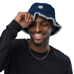 DAISY BUCKET HAT blauwe denim zomerhoed geborduurde zonnehoeden katoen 100%