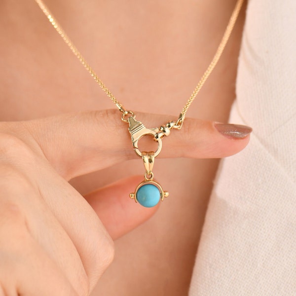 14K Real Gold Puffed Turquoise Stone Pendant - Custom Charm Necklaces  -Good Luck and Protection Charm - Gift for Her Mother's day Gift