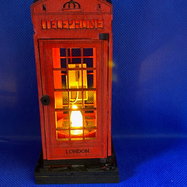 London Telephone Box Night light, Lantern.  Laser Cut Wooden Red Retro Telephone Box