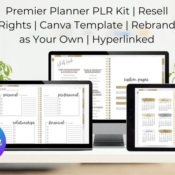 PLR Digital Planner Vorlage | Premier Planner Kit | Kommerzielle Nutzung | Bearbeitbar | Weiterverkauf | Hyperlink | Canva | Private Label Rechte