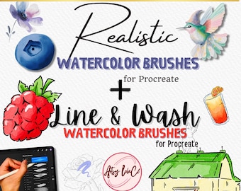 May include: An image promoting "Realistic Watercolor Brushes" and "Line & Wash Watercolor Brushes" for Procreate. The design includes watercolor illustrations of a blueberry, raspberry, hummingbird, and a barn. The text "Ultimate Bundle Edition" is at the top.