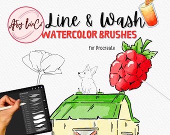 May include: Digital watercolor brushes for Procreate, featuring a whimsical design. The image includes a tablet with brush options, a barn illustration, a red raspberry, and the text "Line & Wash Watercolor Brushes".