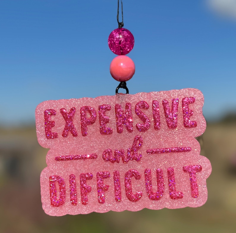 May include: A pink glittery car charm with the words "EXPENSIVE and DIFFICULT" in a playful font. The charm is suspended by a black string and features two decorative pink beads.